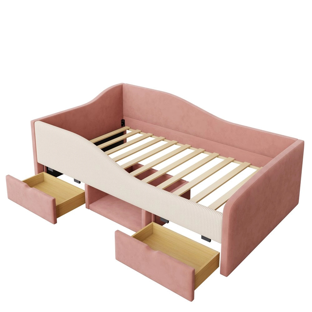 Letto imbottito singolo con cassetti ¨C Minimal ¨C Velluto rosa e crema 90x190cm