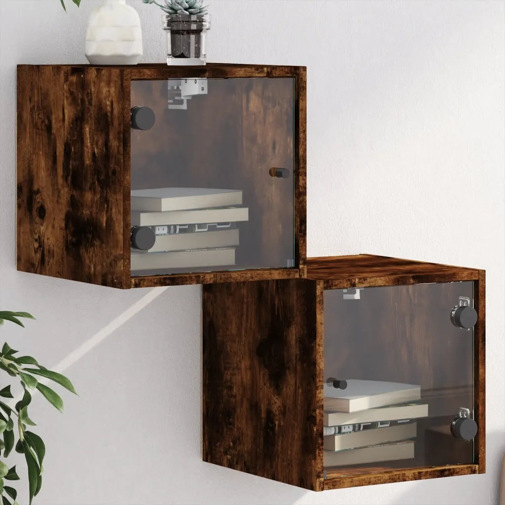 Set di 2 Comodini | Armadio da Notte | Mobiletto da notte con Ante in Vetro Rovere Fumo 35x37x35 cm