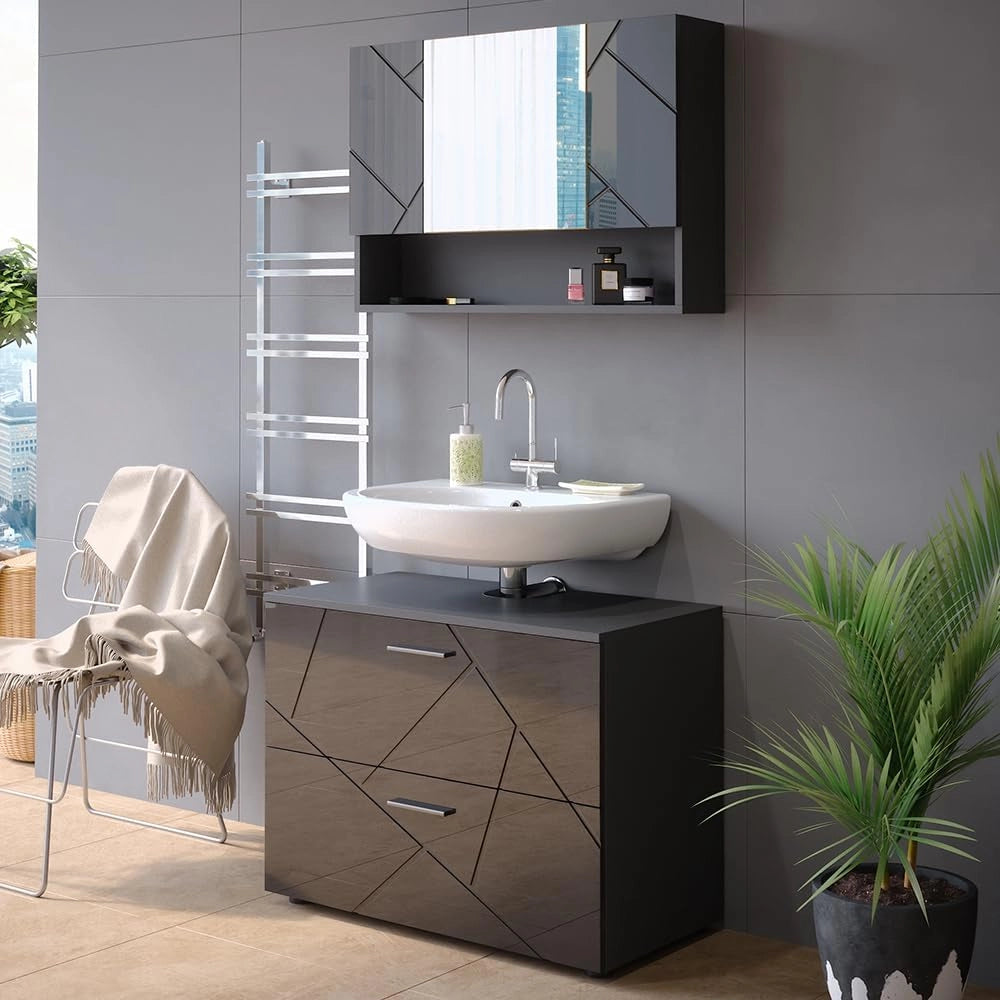 Set mobili bagno Irma, Antracite lucido, 80 cm, composto da specchio da bagno e mobile sottolavabo
