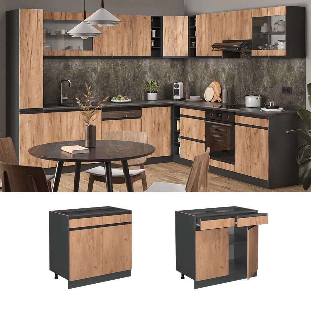 Mobiletto base per cucina R-Line Rovere dorato/Antracite 80 cm J-Shape PL Marmo Vicco