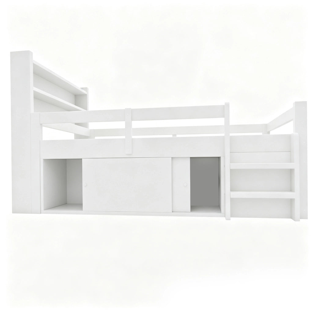 DESMIU Letto a soppalco per bambini 90 × 200 cm con ripiani, LED, USB, senza materasso, in legno, bianco