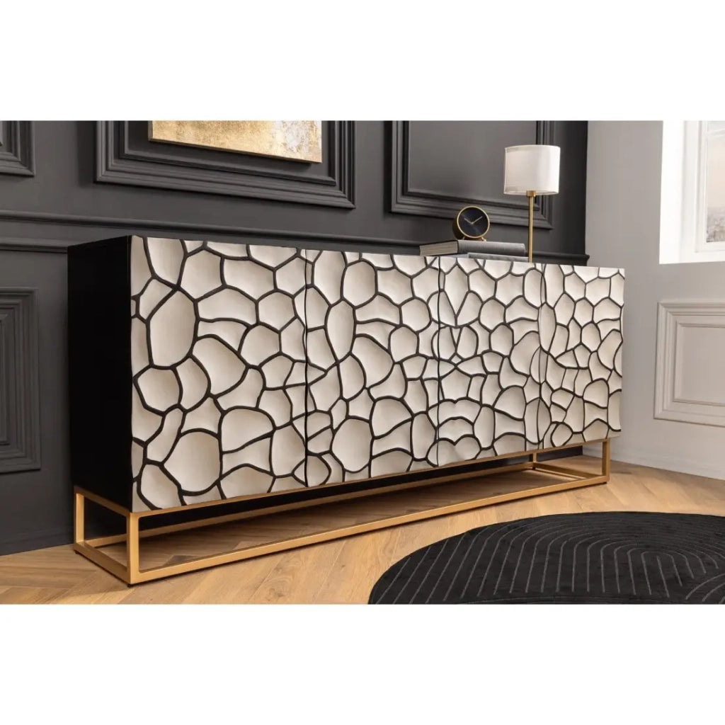 Buffet TERRAKAN 180 cm – Legno massiccio nero e bianco scolpito con piedi dorati