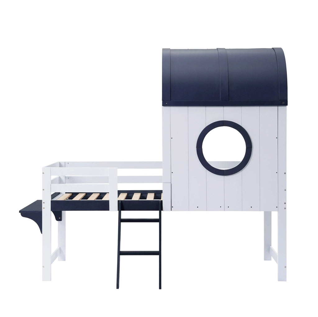 Letto a soppalco 90x200 cm con tetto; finestra; cassetto e scala in legno e MDF bianco e blu