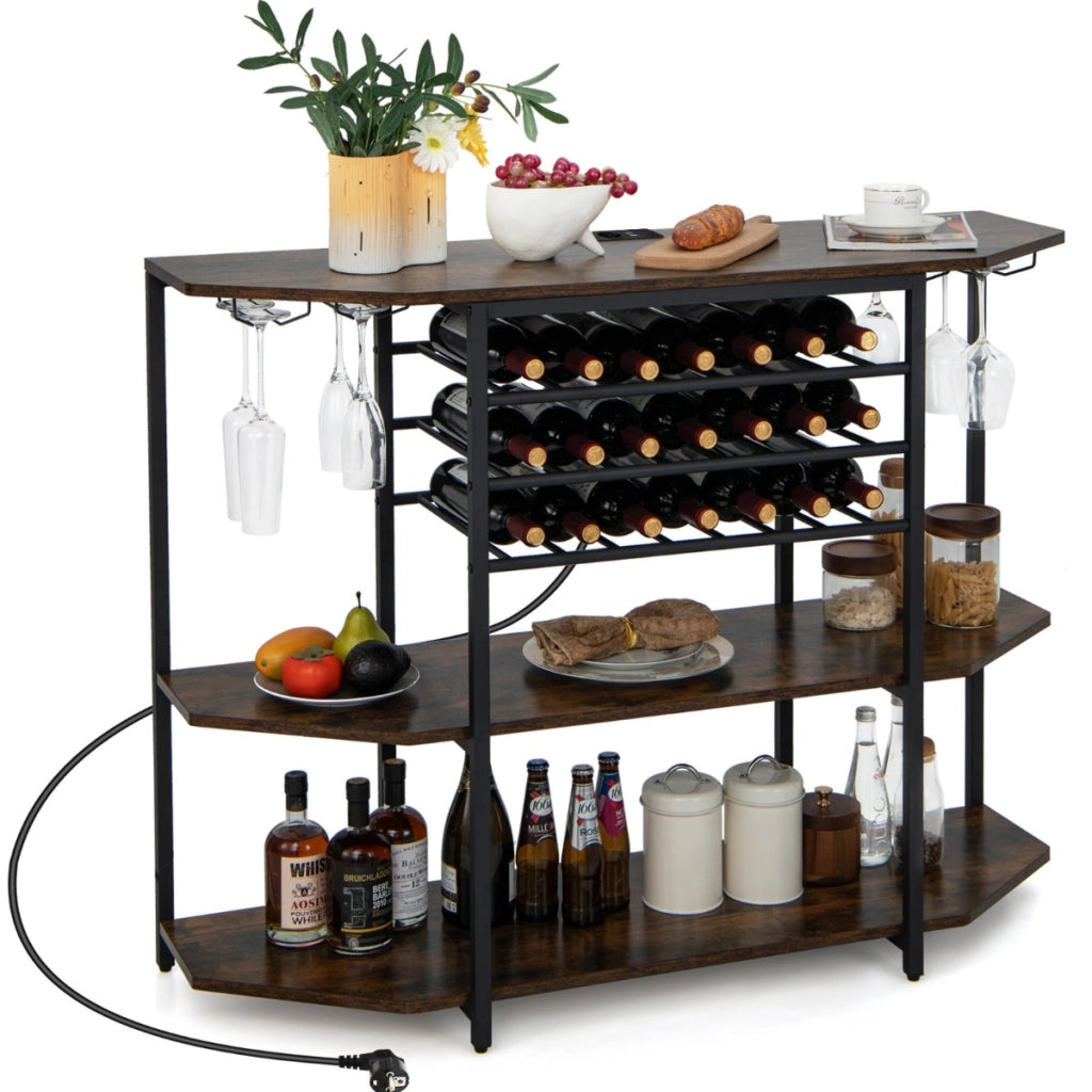 Mobiletto portabottiglie da vino a 3 livelli con ripiani di stoccaggio prolunghe elettriche, Portabottiglie da vino Marrone-Mobili porta liquori