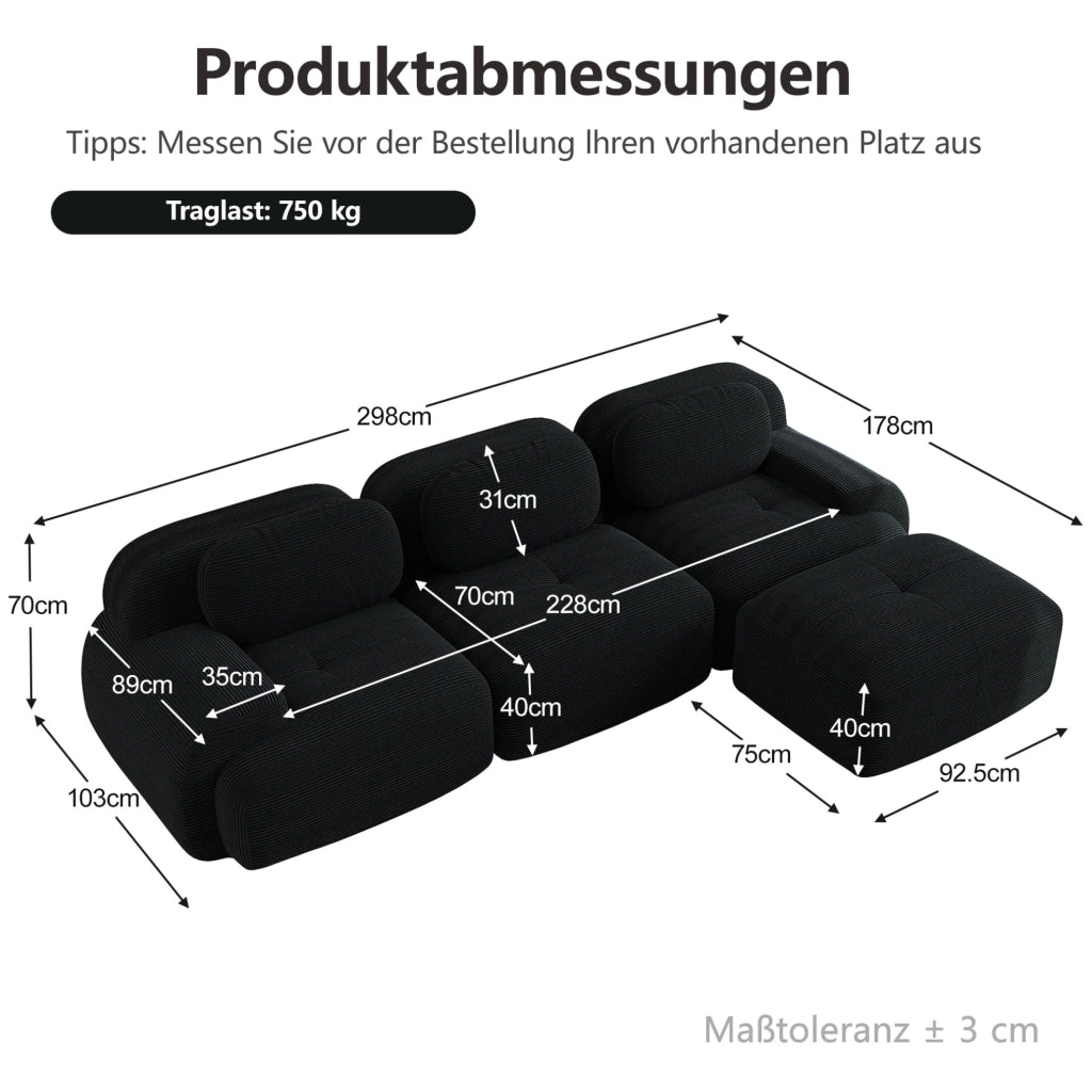 Divano angolare modulare senza montaggio in velluto a coste nero; design ergonomico e struttura senza telaio