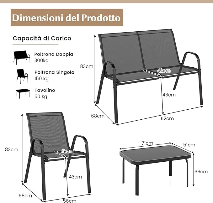 Set Tavolo e Poltrona da Giardino, Set di Mobili 4 Pezzi per Esterno, con Tavolino in Vetro Temperato, Panca e 2 Poltrone, per Giardino Balcone Piscina (Grigio)