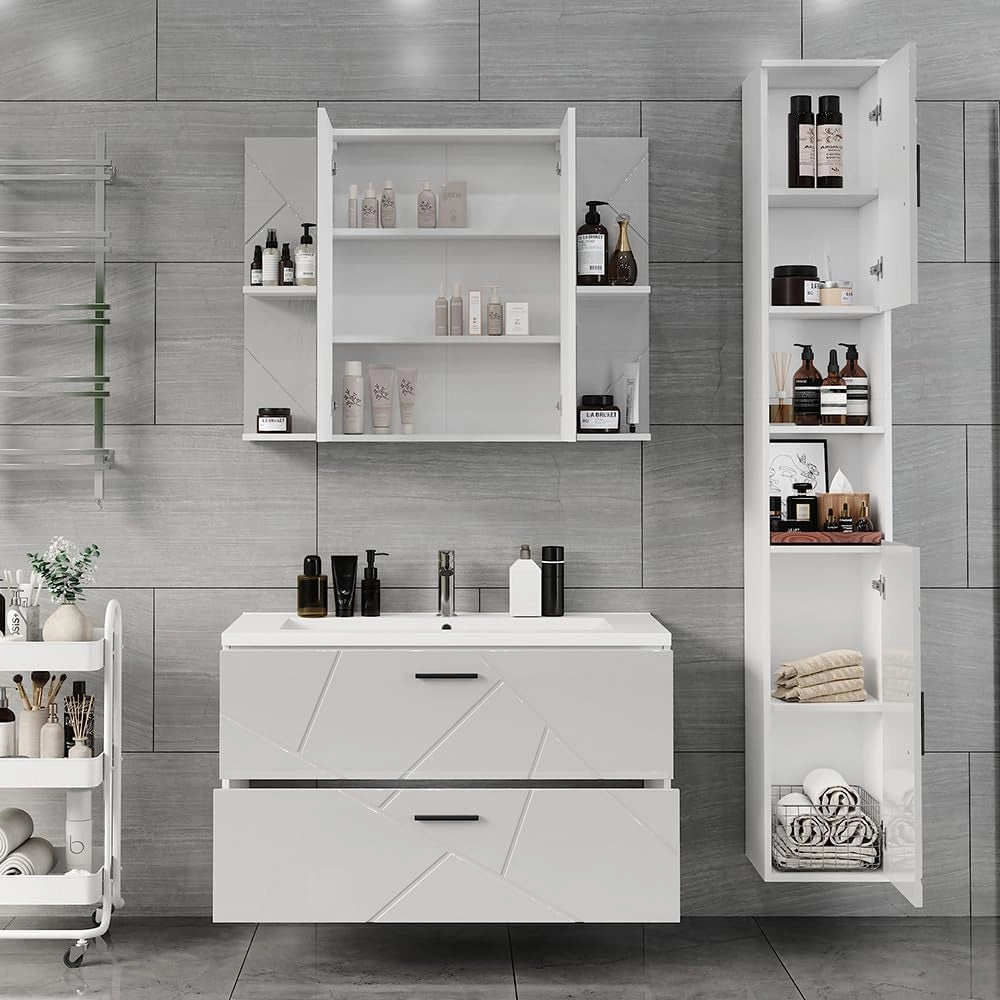 Set di mobili da bagno Irma, Bianco/bianco lucido, 100 cm, composto da mobile sottolavabo con lavabo, armadio alto e specchio da bagno