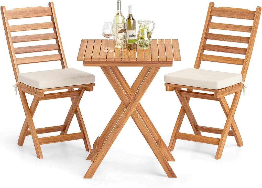 Set Bistro da Esterno in Legno di Acacia, Tavolo e 2 Sedie Pieghevoli con Cuscini, Tavolo Portata 80 kg/Sedia Portata 180 kg (Modello 1)