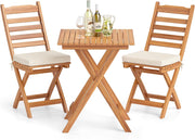 Set Bistro da Esterno in Legno di Acacia, Tavolo e 2 Sedie Pieghevoli con Cuscini, Tavolo Portata 80 kg/Sedia Portata 180 kg (Modello 1)