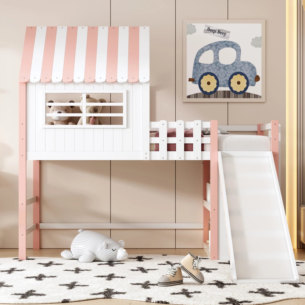 Letto a soppalco per bambini 90×200 cm con scivolo; scala di sicurezza e ripiani; senza materasso; rosa