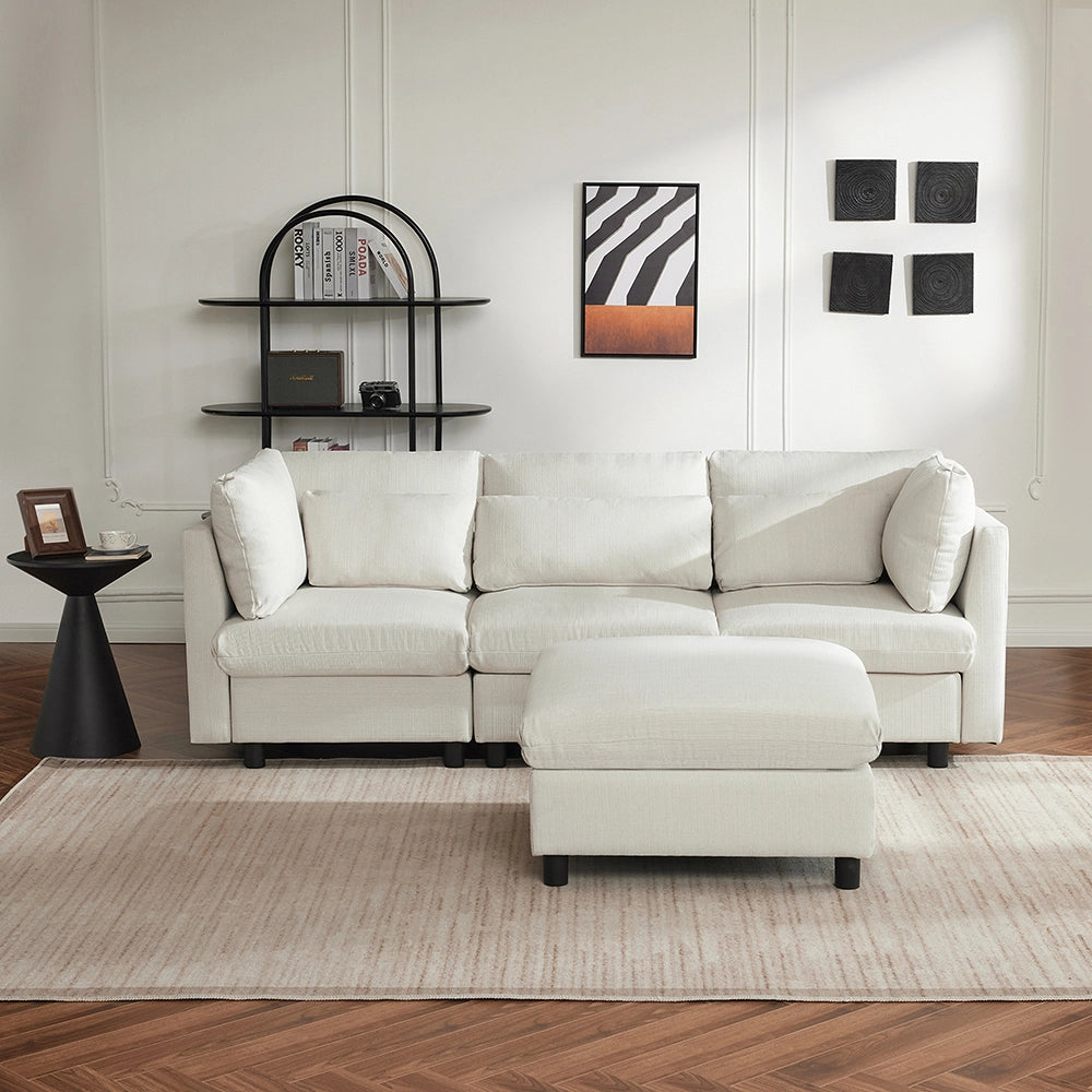 Divano angolare con pouf - Xylo - Tre posti, imbottito, beige