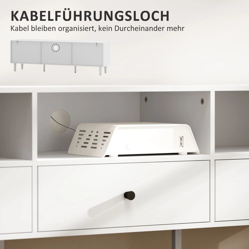 Mobile porta tv con 3 cassetti e 3 vani aperti, passacavi, per soggiorno, in legno, bianco, 140 × 34 × 45 cm