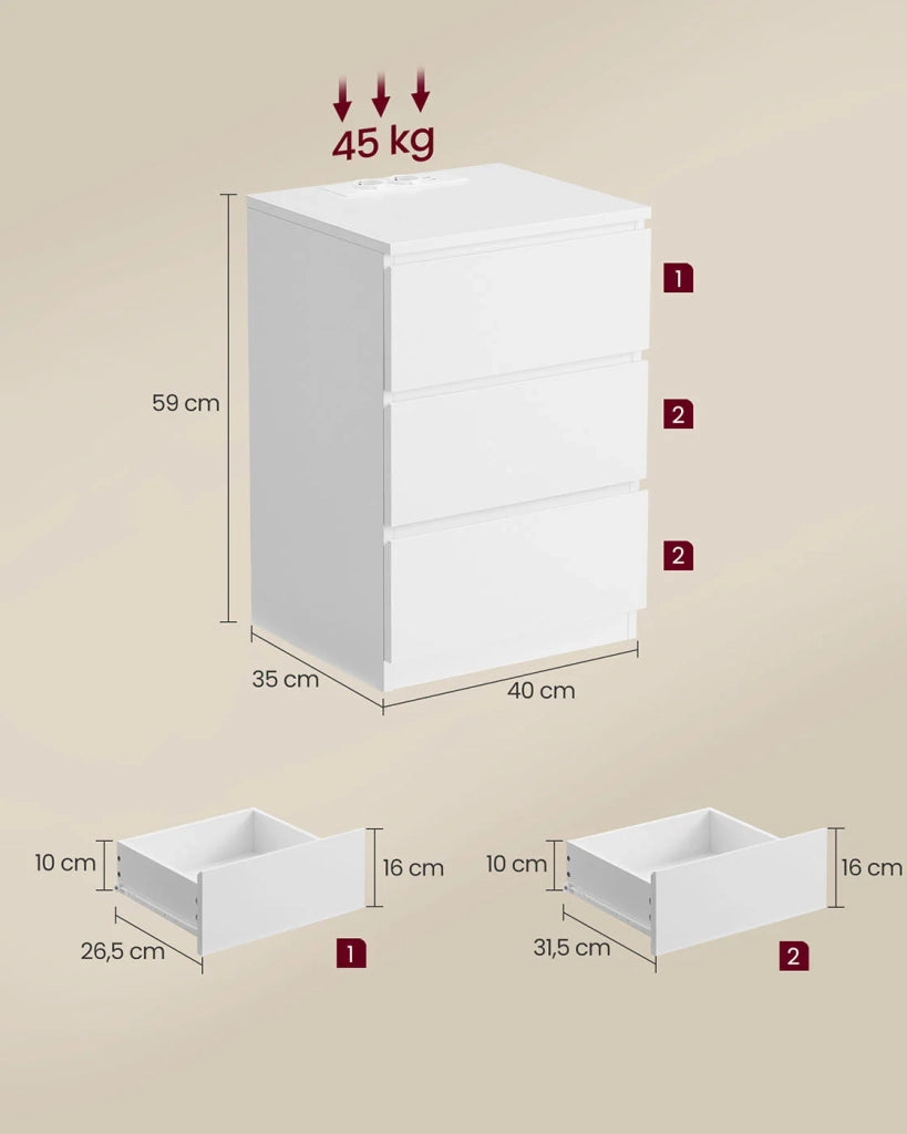 Comodino con multipresa tavolino con 3 cassetti 2 prese CA 2 porte USB frontali dei cassetti smussati per soggiorno camera da letto ufficio moderno bianco 12_0007612