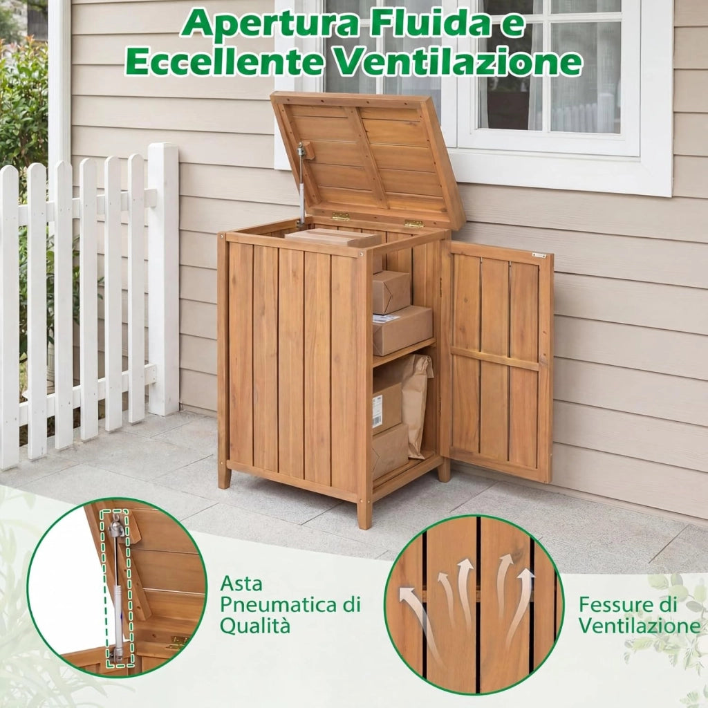 Armadio da Esterno in Legno Massello con Ripiano Rimovibile, Casetta Porta Attrezzi con Porta e Coperchio Apribile, Contenitore per Bidoni Spazzatura per Giardino, Cortile e Patio