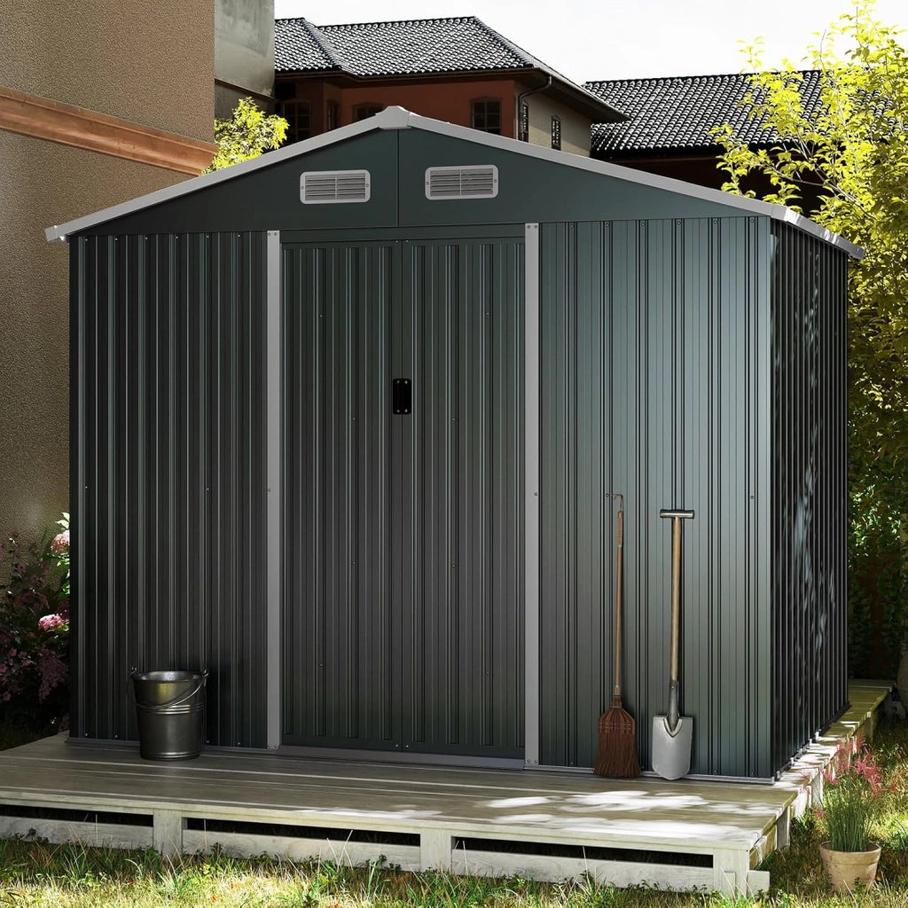 Casetta da Giardino 3,66㎡, Capanno da Esterno con Tetto Spiovente e Porte Scorrevoli, 4 Prese d'Aria e Base, in Metallo Zincato Resistente alle Intemperie, 235 x 171 x 196 cm