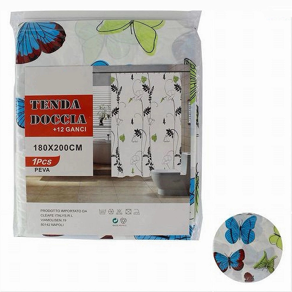 Trade Shop - Tenda Doccia Vasca Da Bagno Peva 12 Ganci Decorata Con Farfalle 180x200cm 52146 -
