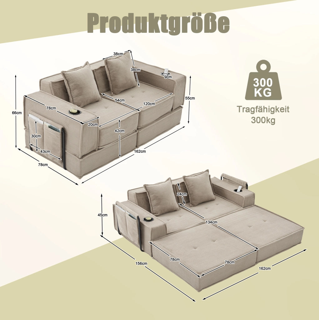 Divano letto 162x78x66 cm in tessuto cord khaki modulare con cuscini