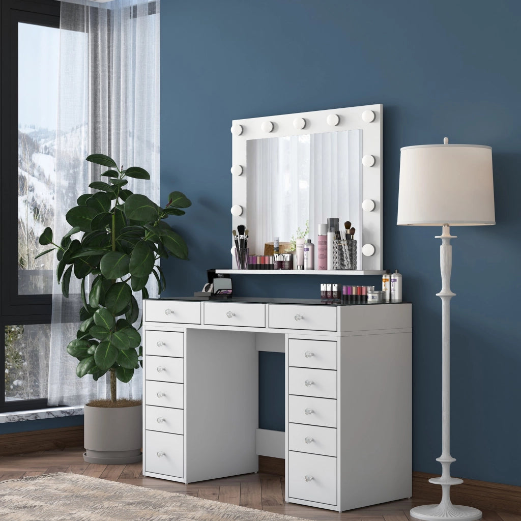 Comodino "Baria" con specchio in legno - 120 x 44 x 80 cm - Bianco