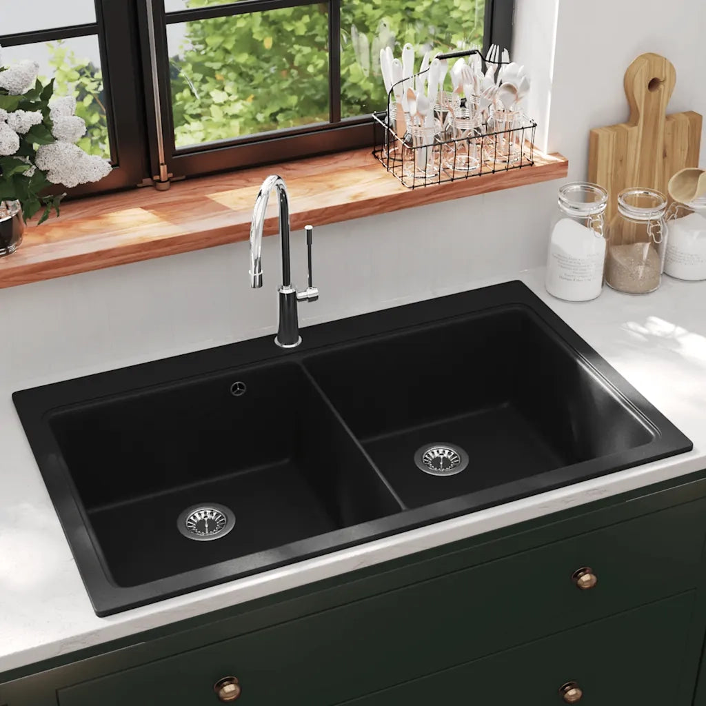 Lavandino Cucina Granito Nero Doppio con Montaggio Sopra CFW5910818