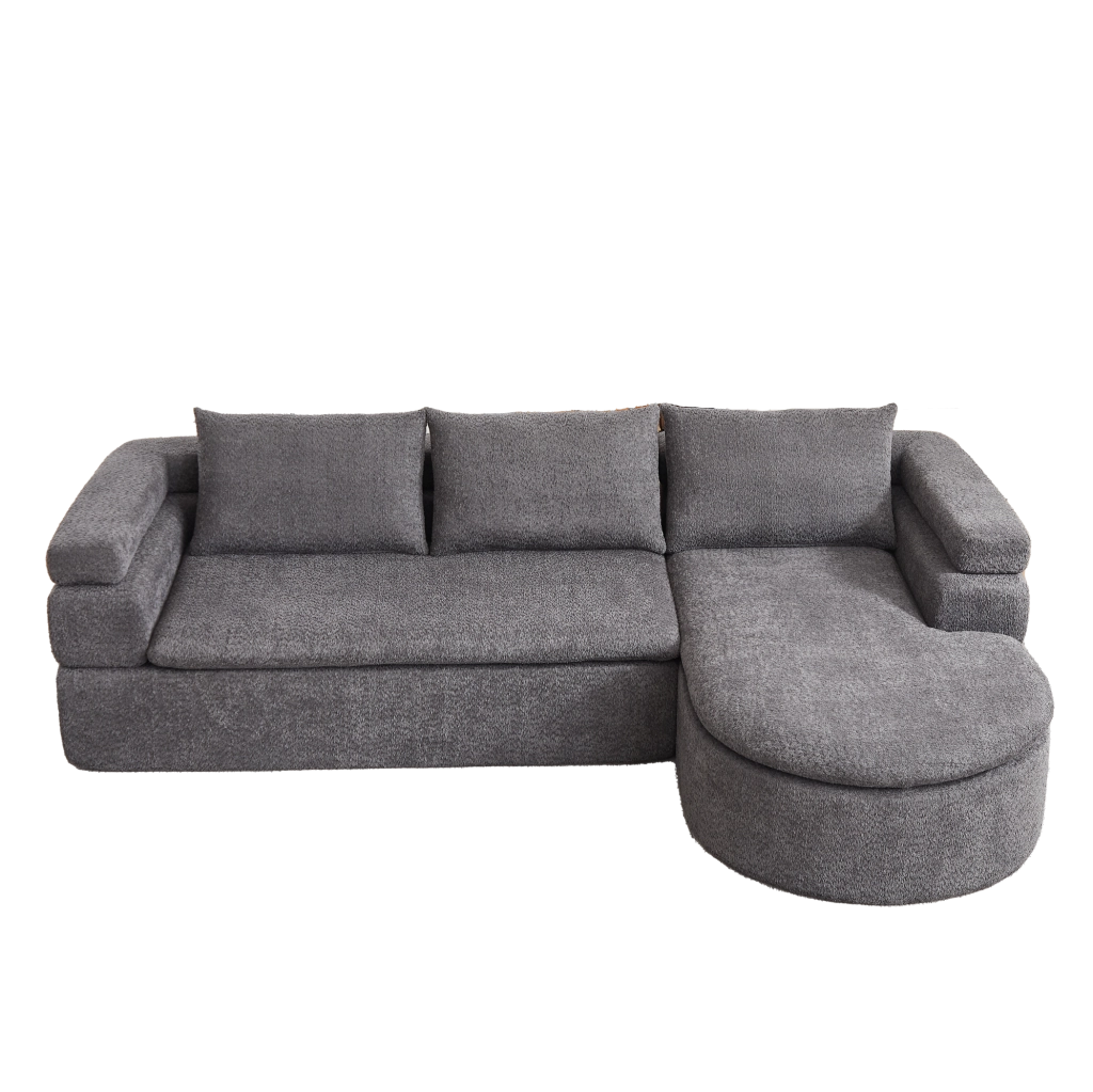 Divano angolare grigio in chenille con chaise longue e 3 cuscini