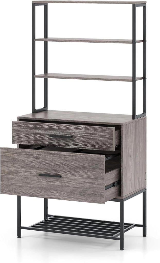 Scaffale Porta Stampante, Suppoto per Stampante in Legno con 4 Ripiani e 2 Cassetti, per Soggiorno, Ufficio e Studio, 75 x 40 x 156 cm (Grigio)