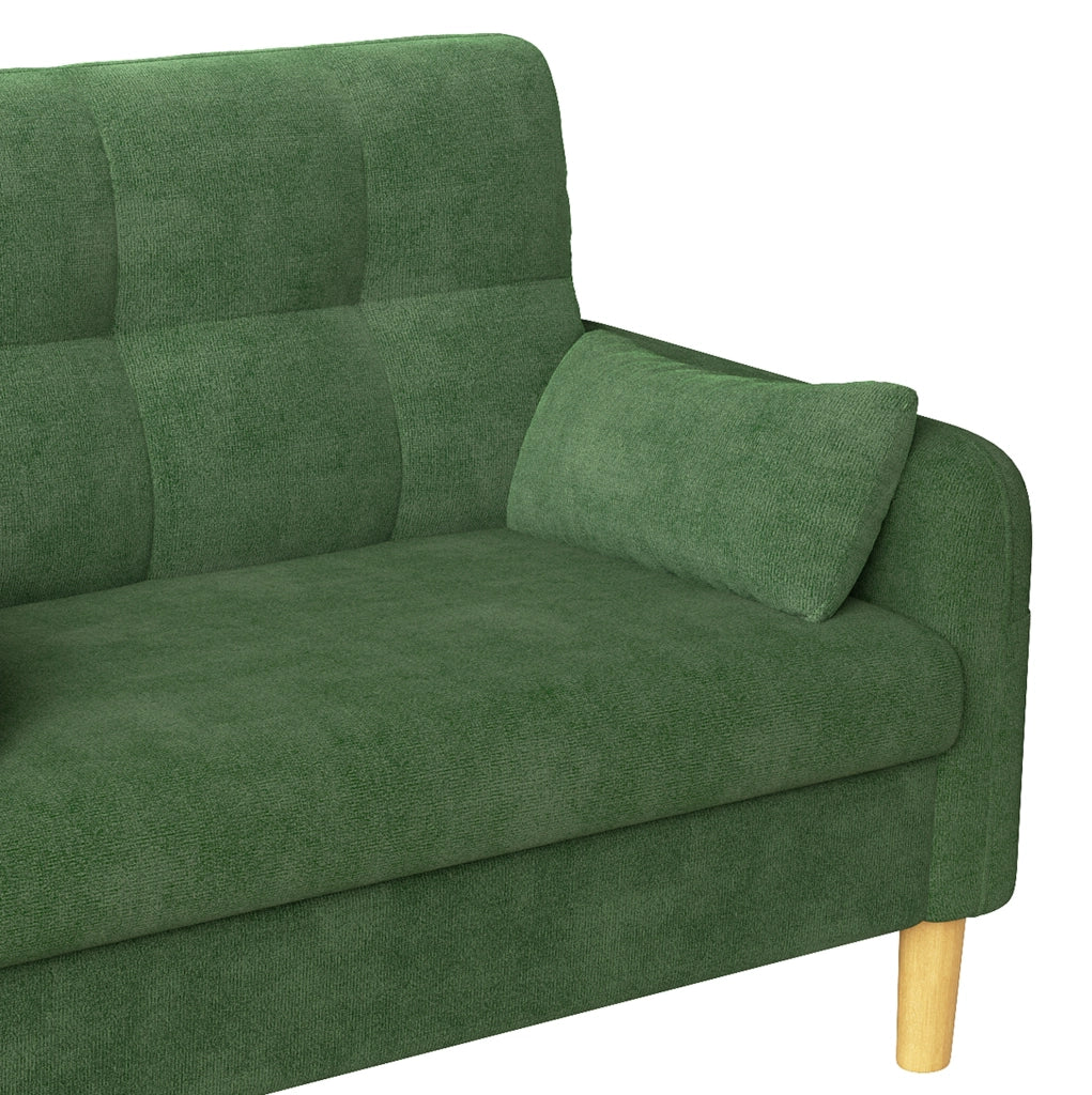 Divano modulare 2 posti in ciniglia verde con 2 cuscini e tasca laterale; 119 x 78 x 85 cm
