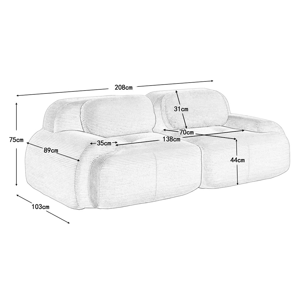 Divano 2 posti 82" in velluto costato - Xylo - Modulare, braccioli curvi, antiscivolo, imbottitura elastica, nero