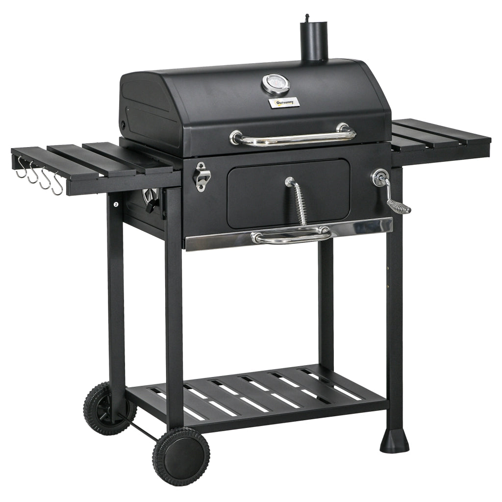Grill a carbone con coperchio, griglia regolabile, ripiano inferiore e tavolini pieghevoli, nero, acciaio inox
