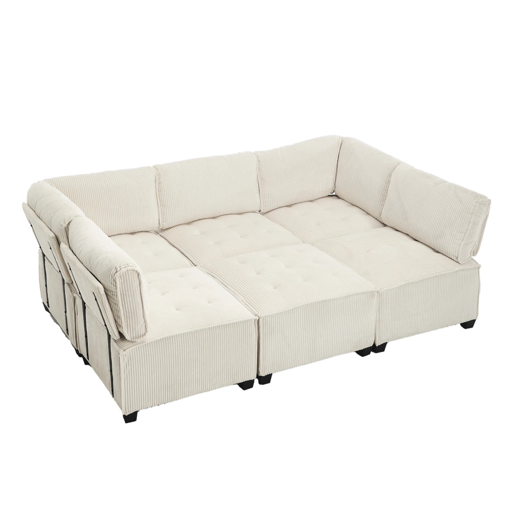 Divano modulare 6 posti in velluto a coste beige; configurabile a U; L o letto