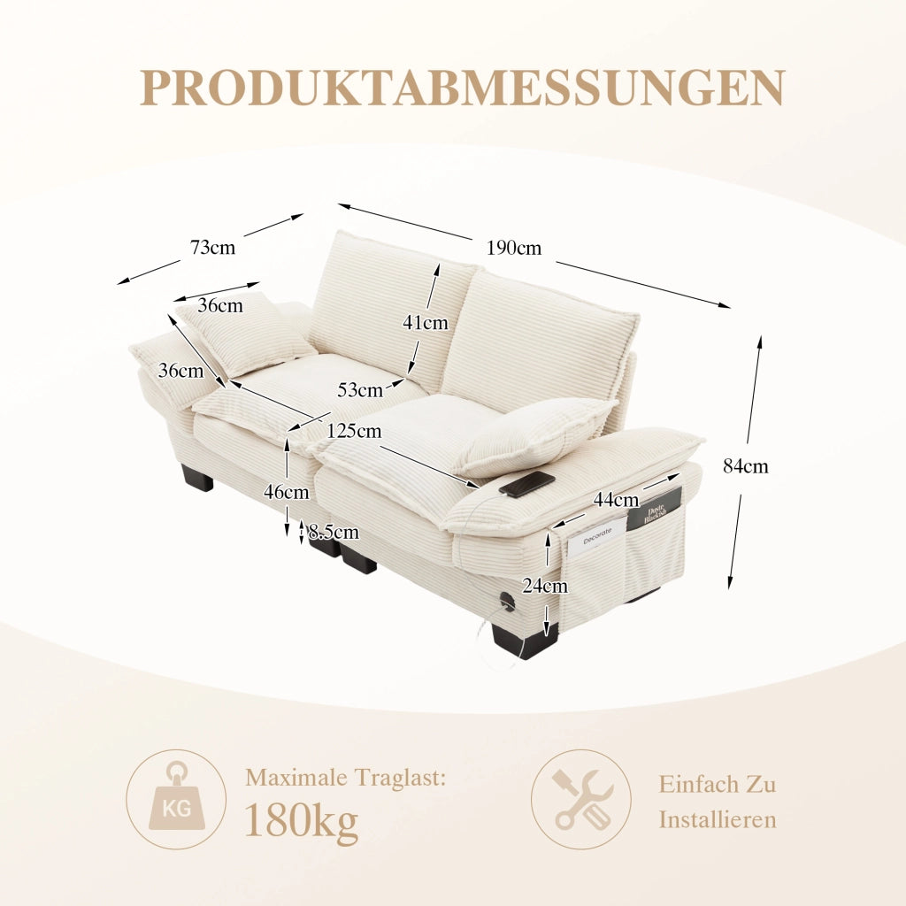 Sofa a due posti con seduta ampia, design ergonomico, USB-C e tasche laterali in corduroy beige 190 × 73 × 84 cm