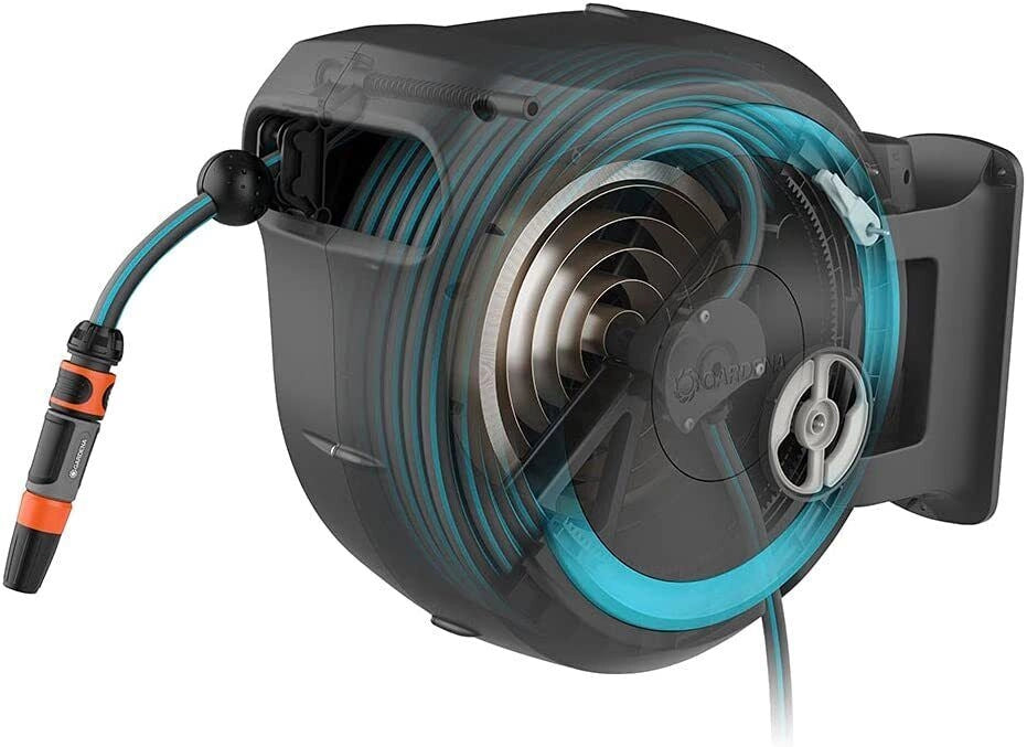 GARDENA 18630-20 RollUp XL Avvolgitubo a Parete 35 m Diametro 13 mm Rotazione 180° con Lancia e Raccordi colore Azzurro