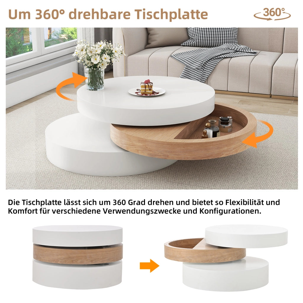 Tavolino basso girevole con 3 piani e vano contenitore nascosto per soggiorno in MDF bianco e legno naturale 60 × 60 × 35,1 cm