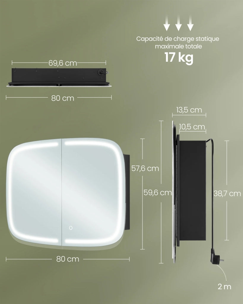 Specchio da bagno con illuminazione mobile lavabo con 2 prese CA 2 porte USB 2 ripiani regolabili angoli arrotondati 12_0006611