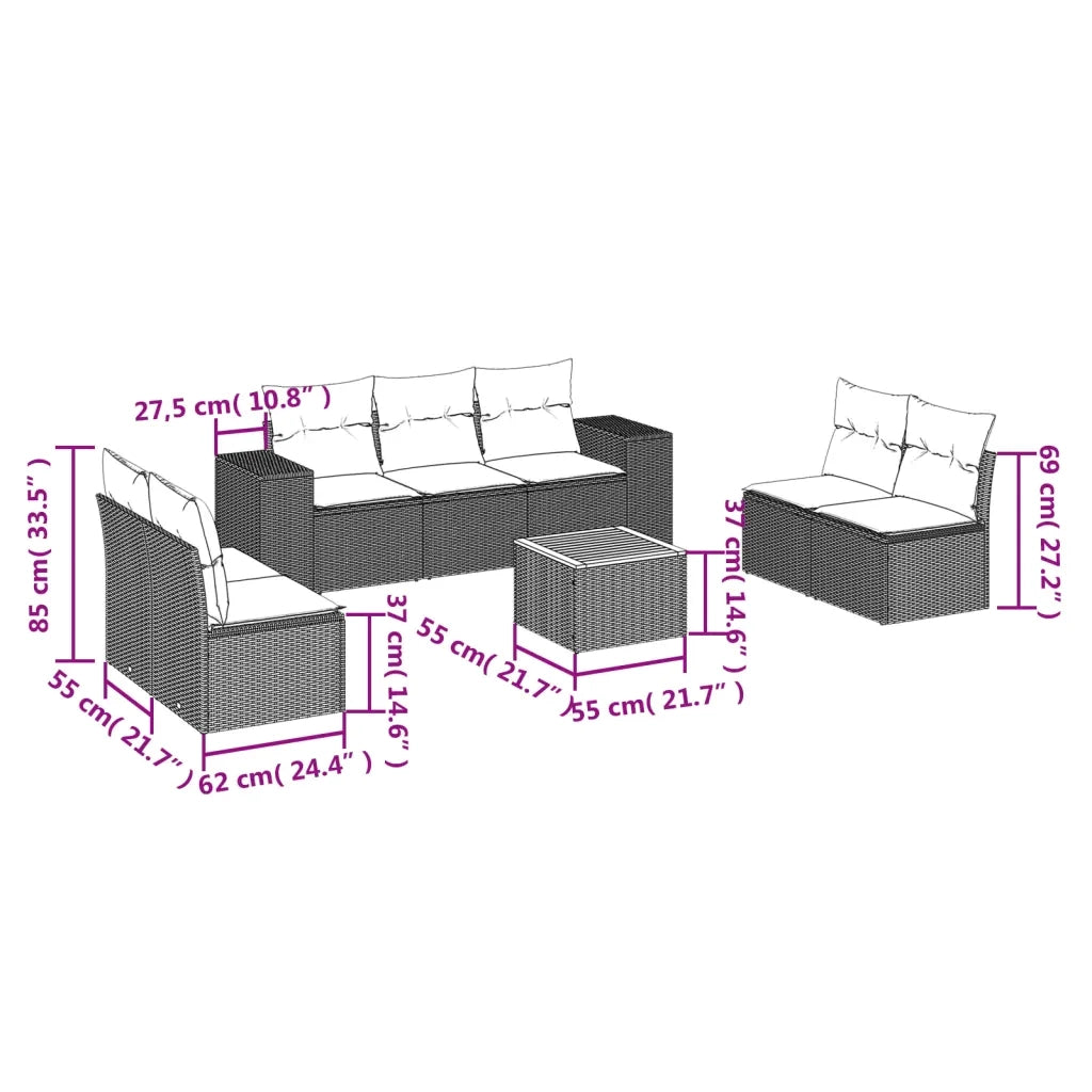 Set Divani da Giardino con Cuscini 8 pz Nero in Polyrattan