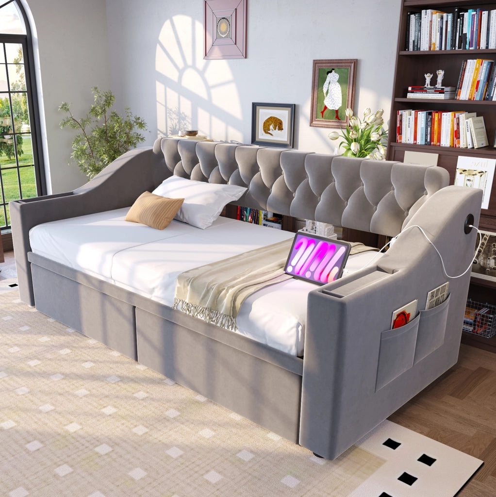 Divano letto imbottito 90x190 cm con cassetti; USB e USB-C in velluto grigio chiaro