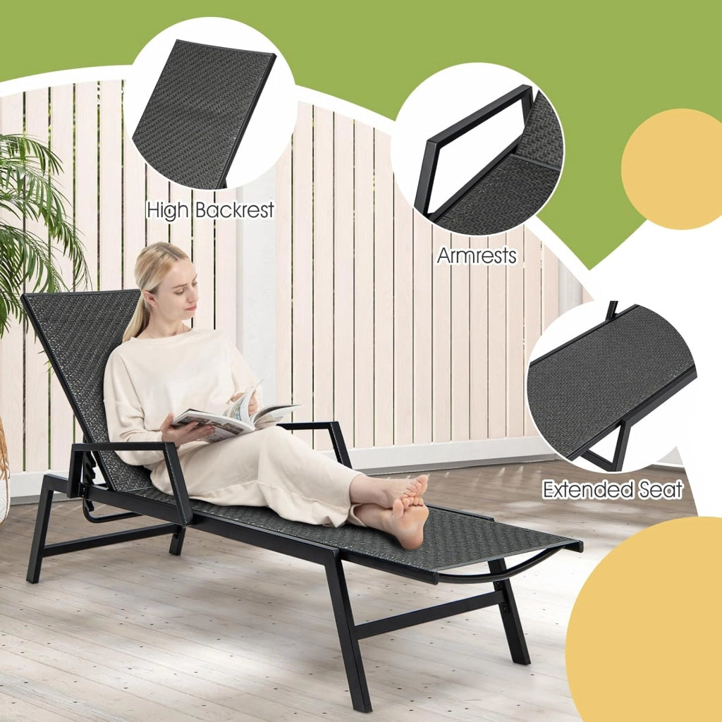 Lettino Prendisole da Giardino in Rattan, Poltrona Reclinabile da Esterno, Sdraio Giardino con Schienale Regolabile in 5 Posizioni, Telaio in Metallo Robusto, per Spiaggia, Balcone, Piscina