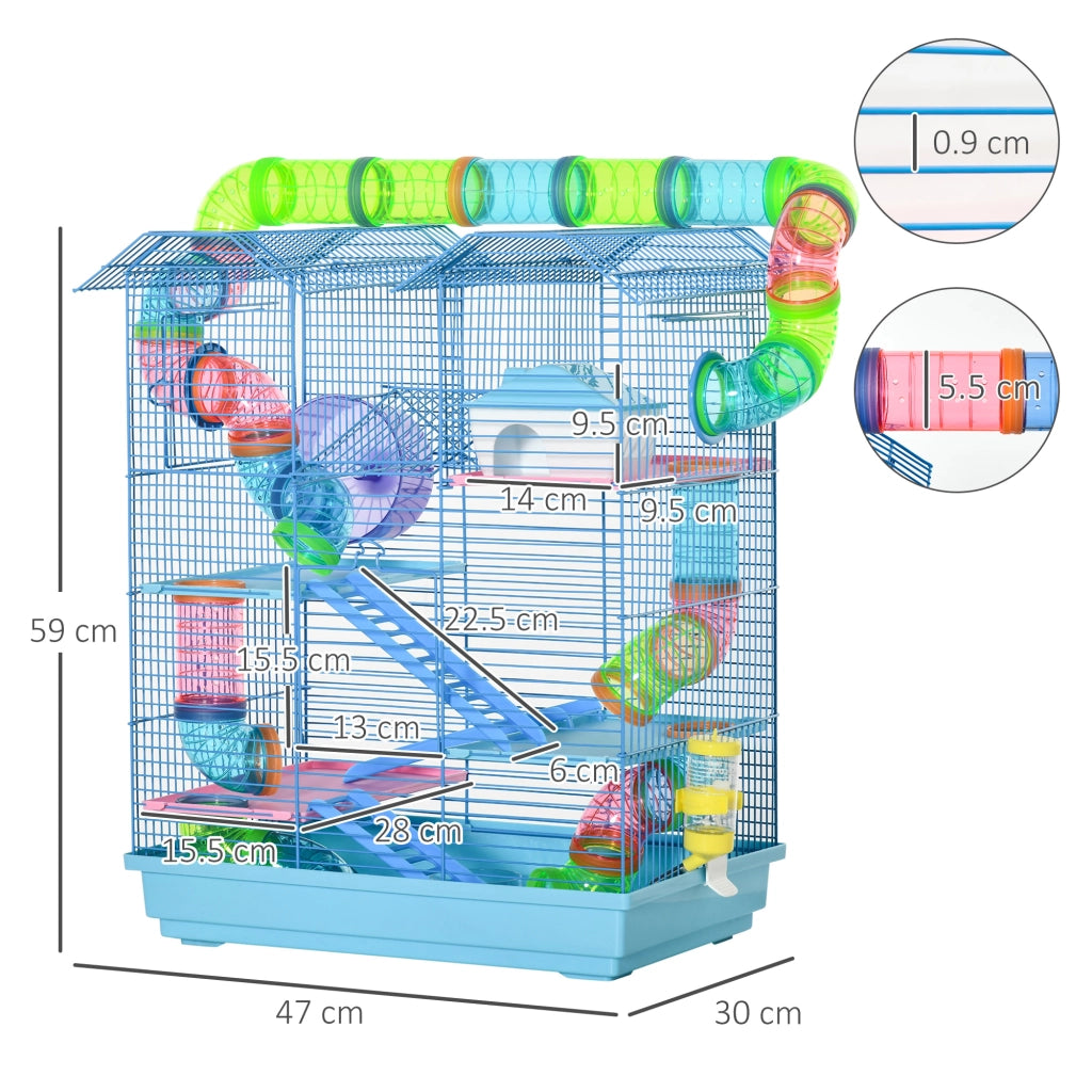 EasyComfort Gabbia per Criceti e Roditori a 5 Piani, Gabbietta per Criceti con Tubi Colorati, Ruota, Casetta e Accessori Inclusi, 47x30x59 cm, Blu