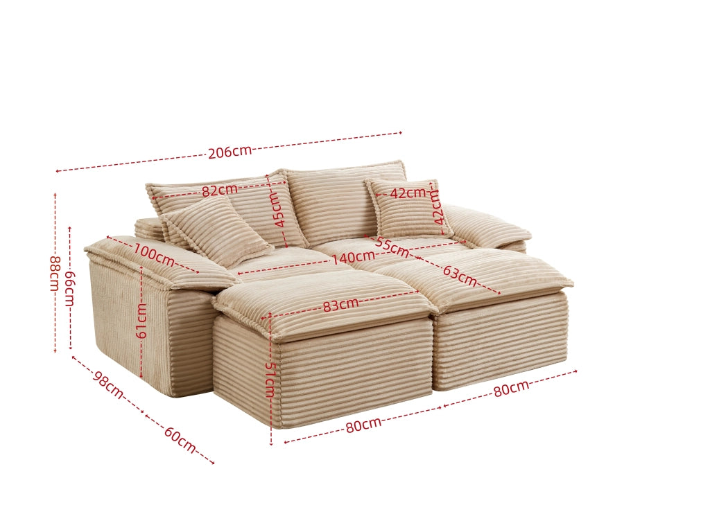 Divano a 2 posti in tessuto a coste con pouf, schiuma ad alta resilienza e molle, beige 206 × 158 × 66 cm