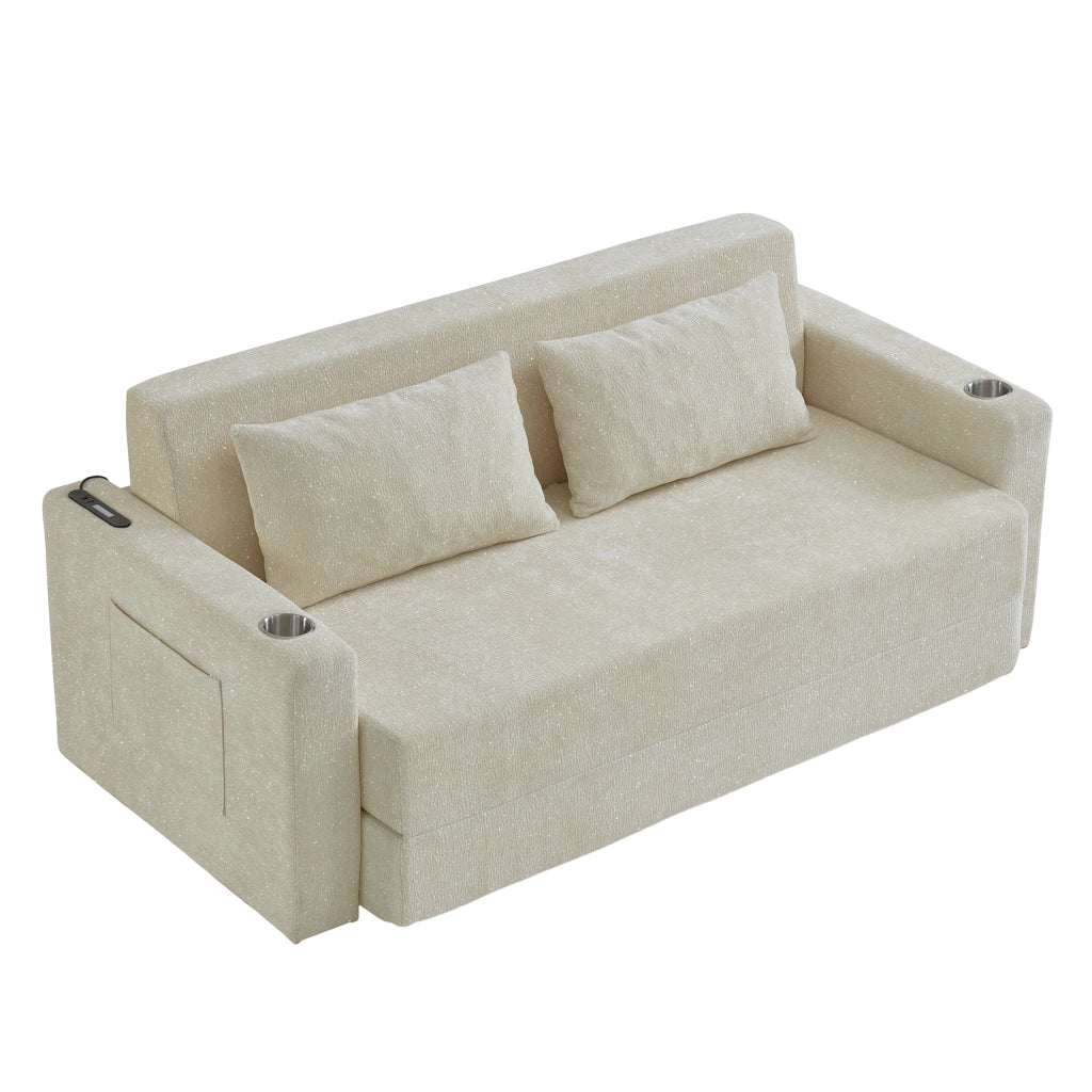 DIVANO LETTO 2-IN-1 CLAPABILE IN CHENILLE BEIGE CON USB E 2 CUSCINI