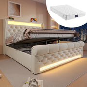 LETTO Contenitore 140x200 cm in Velluto Beige con LED e materasso incluso