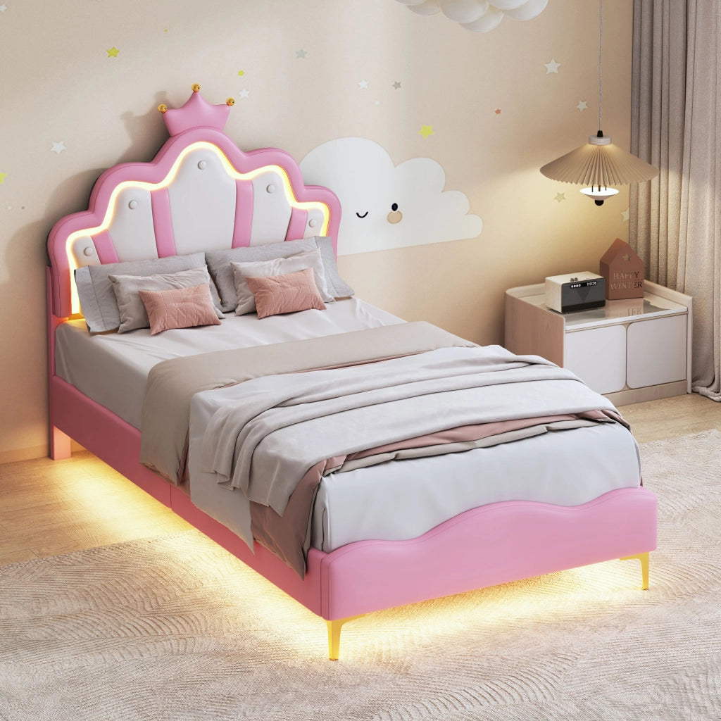 Letto Singolo Bambina 90x190cm Letto principessa con LED Testiera Regolabile a Forma di Corona, Senza Materasso, Principessa, Rete a Doghe, PU, Rosa