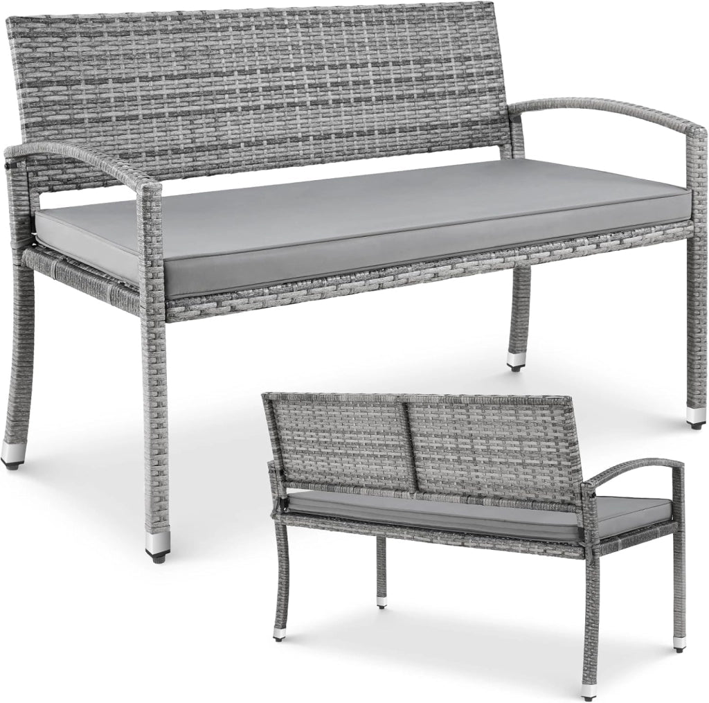 Panca da giardino, resistente alle intemperie, con cuscino, 2 posti, in polyrattan, portata 320 kg, accogliente mobili da giardino per esterni, 122 x 60 x 90 cm, per balconi, giardini