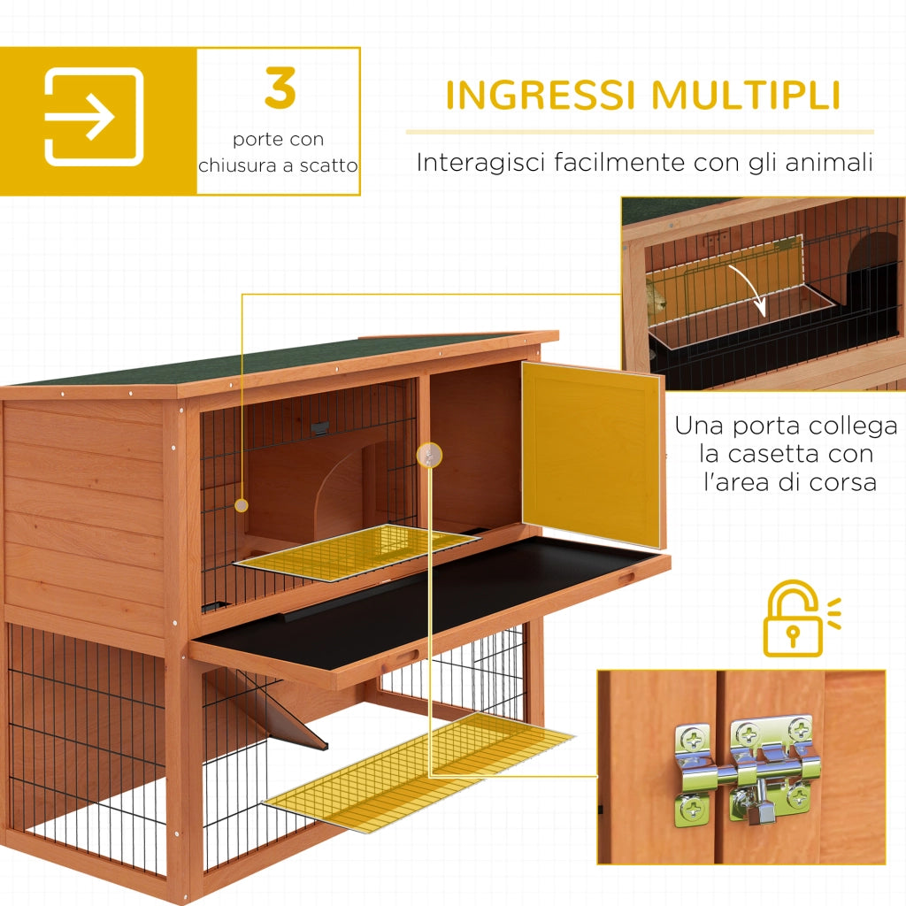 Gabbia per Conigli in Legno Antisettico a 2 Piani con Recinto ¨C zephmum ¨C Arancione 92cm
