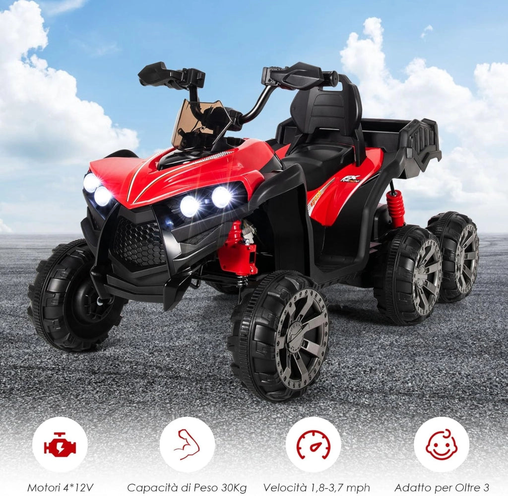 12V Quad Elettrico per Bambini, Macchina Elettrica per Bambini con 6 Ruote 4 Motori Baule Posteriore Luci LED e Musica, Trazione Integrale, 3-6 km/h, 3 Anni+ (Rosso)