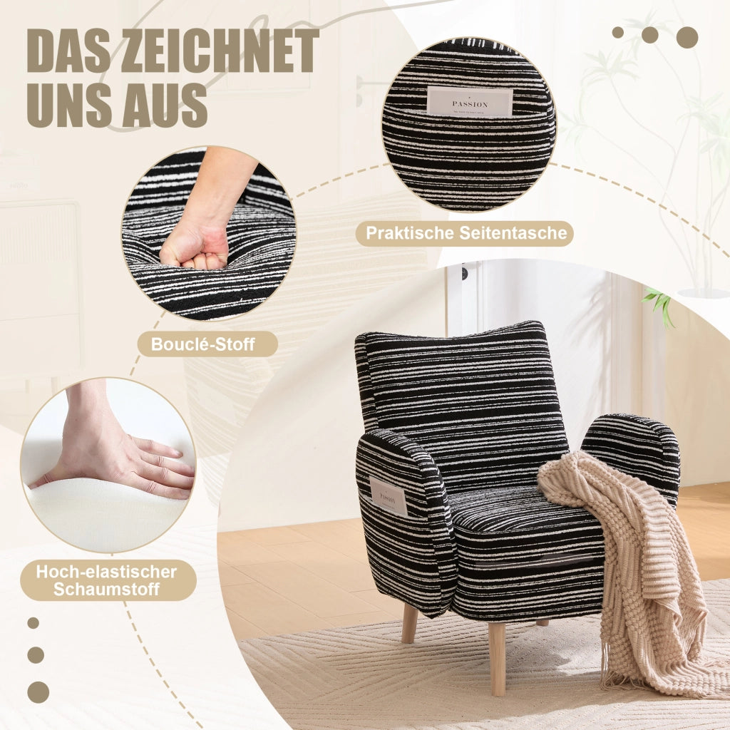 OKWISH Poltrona in Bouclé con Schienale Ergonomico, Tasca Laterale e Gambe in Legno Massello, Nera, 77 x 81 x 87 cm