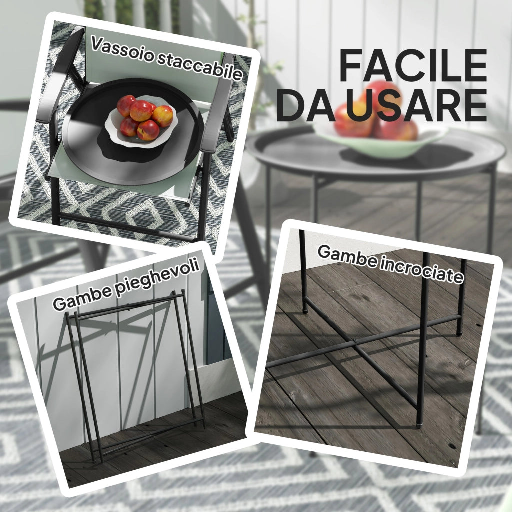 Tavolino da Giardino Pieghevole con Vassoio Rimovibile Ø46x50 cm in Acciaio Nero
