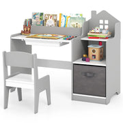 Set scrivania e sedia per bambini con mensole aperte e cassetto in tessuto, Tavolo da studio per bambini Bianco e grigio-Tavoli e sedie