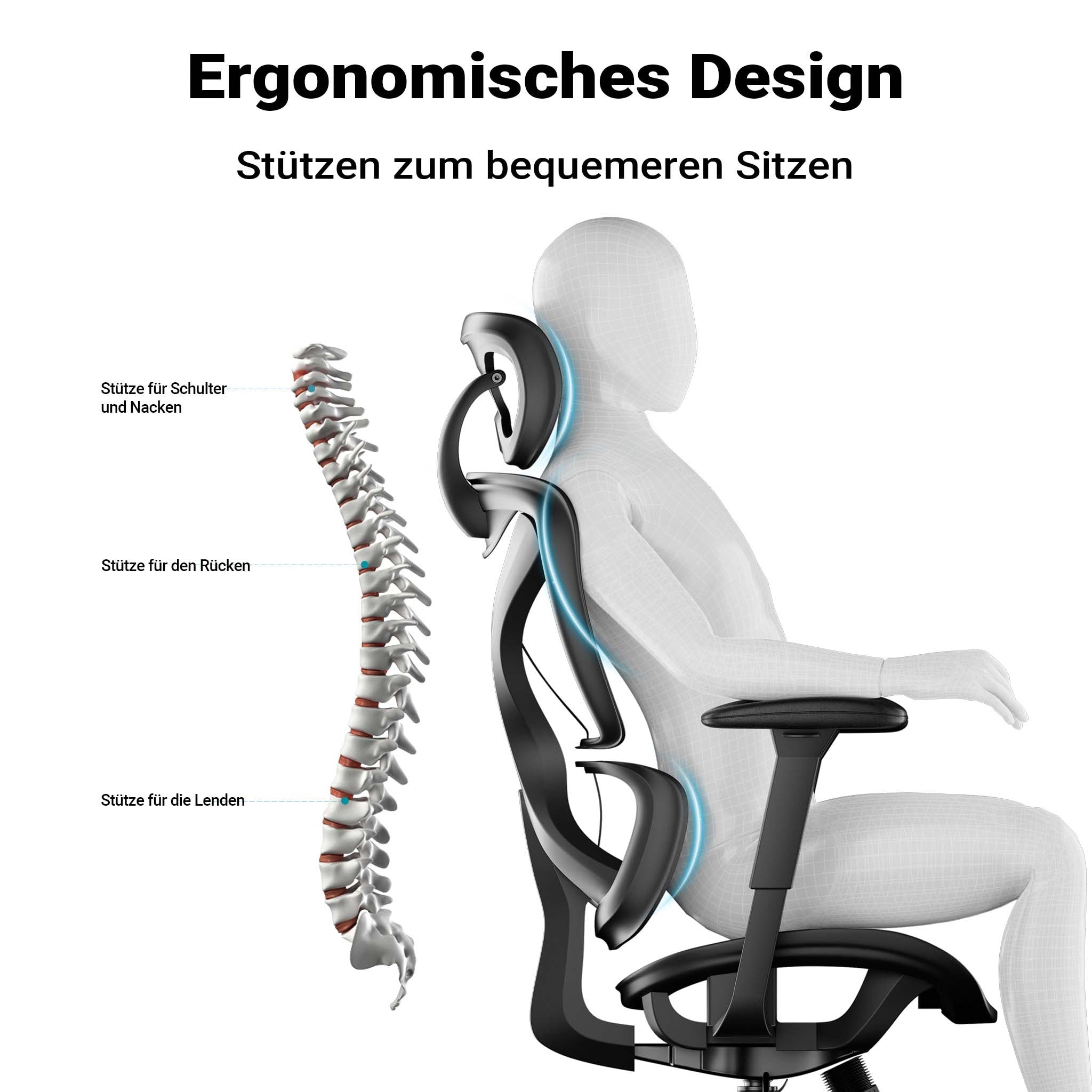 Sedia da ufficio ergonomica con regolazione di poggiatesta, braccioli e schienale, max 150 kg