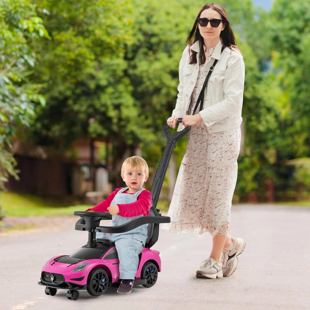 3 in 1 Maserati Auto da Spinta, Auto Scorrevole con 2 Ruote Universali Volante Musicale Paracolpi e Manubrio, Macchina Cavalcabile con Ripostiglio per Bambini 18-60 Mesi (Rosa)