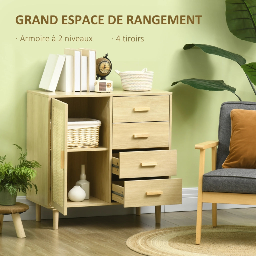 Credenza in rattan con ante intrecciate e 4 cassetti ¨C Xylo ¨C Effetto legno naturale 80x38x80,5 cm